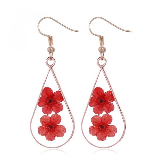 Picture of Resin Earrings Rose Gold Red Drop Dried Flower 30mm x 14mm, 1 Pair