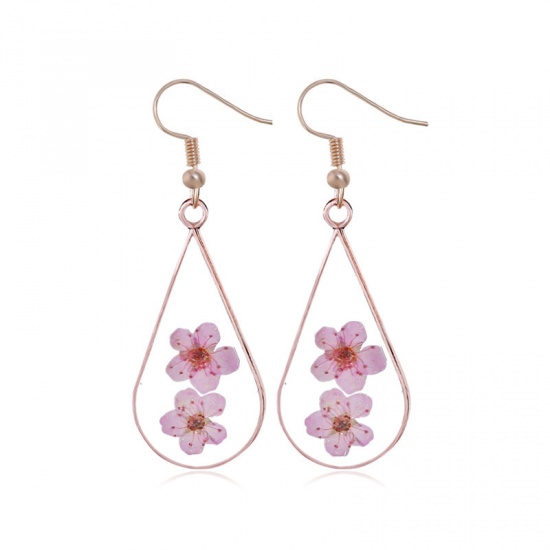Picture of Resin Earrings Rose Gold Pink Drop Dried Flower 30mm x 14mm, 1 Pair