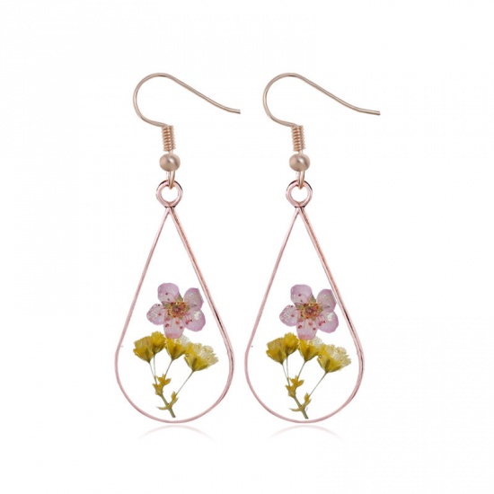 Picture of Resin Earrings Rose Gold Pink & Yellow Drop Dried Flower 30mm x 14mm, 1 Pair