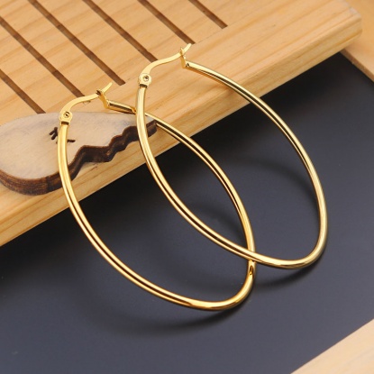 Picture of 316 Stainless Steel Hoop Earrings Gold Plated Oval 50mm(2") long, 1 Pair”