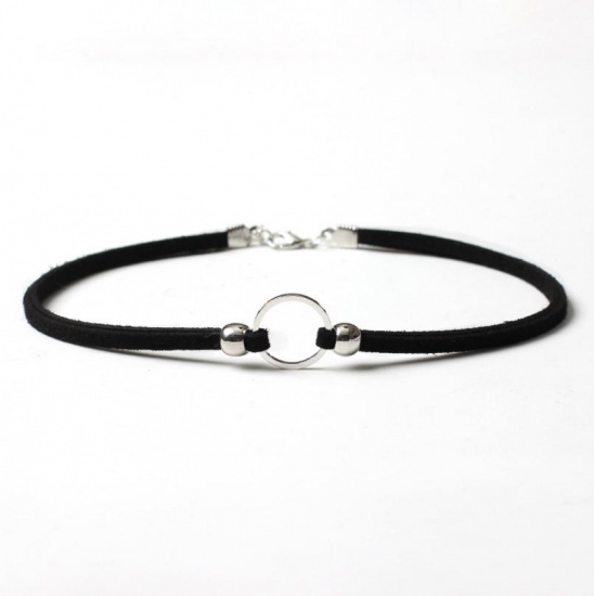 Picture of Velvet Choker Necklace Silver Black Circle Ring 32cm(12 5/8") long, 1 Piece