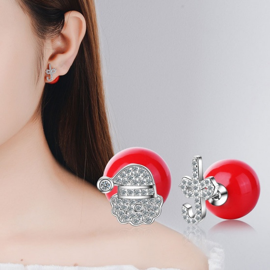 Picture of Copper Double Sided Ear Post Stud Earrings Red Ball Christmas Santa Claus Candy Cane Clear Rhinestone 10mm( 3/8"), 12mm( 4/8") Dia., 1 Pair
