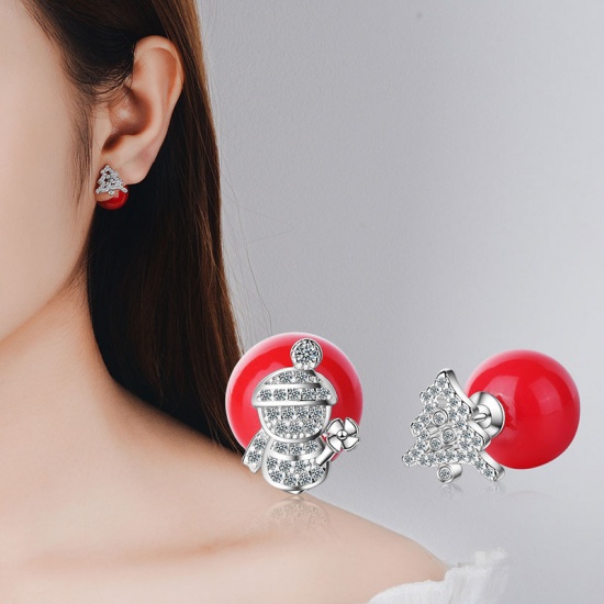 Picture of Copper Double Sided Ear Post Stud Earrings Red Ball Christmas Snowman Christmas Tree Clear Rhinestone 10mm( 3/8"), 12mm( 4/8") Dia., 1 Pair