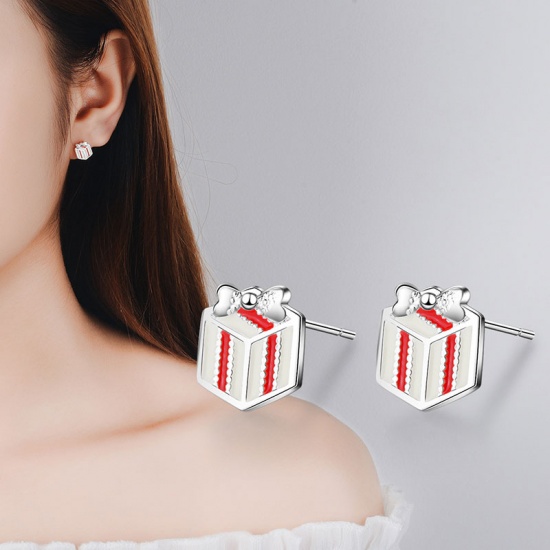 Picture of Copper Ear Post Stud Earrings Silver Tone White & Red Christmas Gift Box Enamel 8mm( 3/8"), 1 Pair