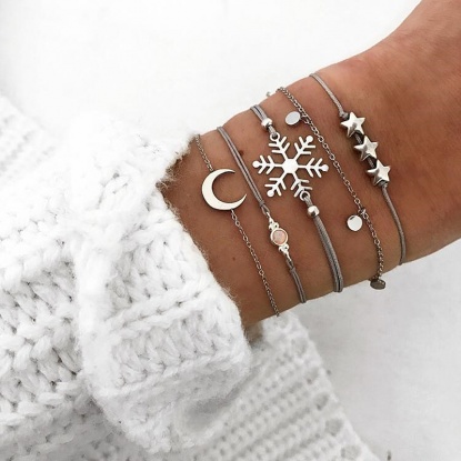 Bild von Böhmischer Stil Armband Set Silberfarbe Grau Weihnachten Schneeflocke Mond 19.5cm - 16.5cm lang, 1 Set ( 5 Stück/Set)