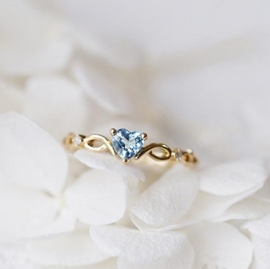 Picture of Unadjustable Rings Gold Plated Heart Blue Rhinestone 17.3mm(US Size 7), 1 Piece