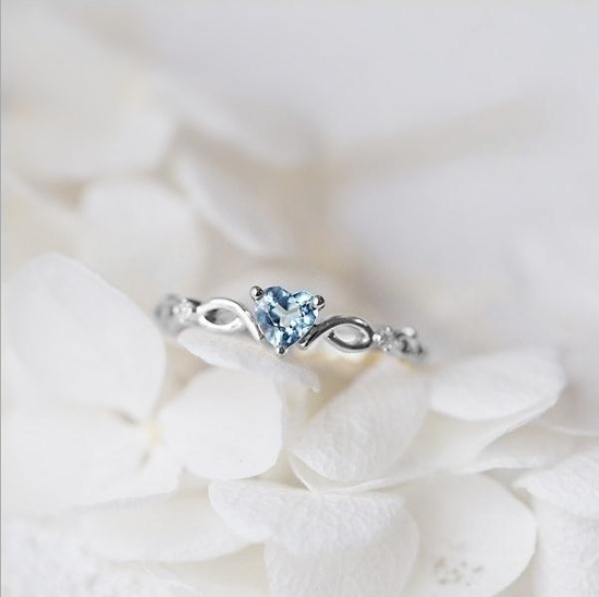 Picture of Unadjustable Rings Silver Tone Heart Blue Rhinestone 18.1mm(US Size 8), 1 Piece