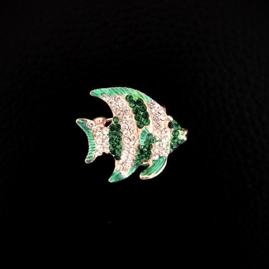 Picture of Pin Brooches Fish Animal Green Enamel Transparent & Green Rhinestone 25mm x 23mm, 1 Piece