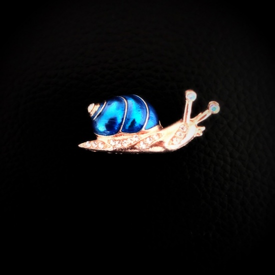 Picture of Pin Brooches Snail Animal Blue Enamel Clear Rhinestone 35mm x 10mm, 1 Piece