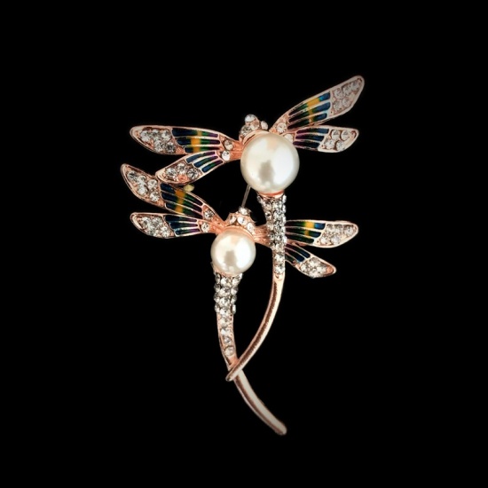 Picture of Pin Brooches Dragonfly Animal Multicolor Imitation Pearl Clear Rhinestone 63mm x 32mm, 1 Piece