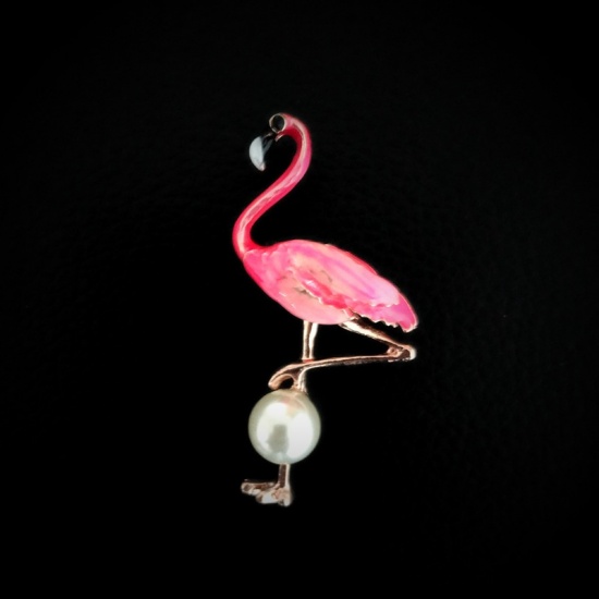 Picture of Pin Brooches Flamingo Pink Imitation Pearl 40mm x 30mm, 1 Piece