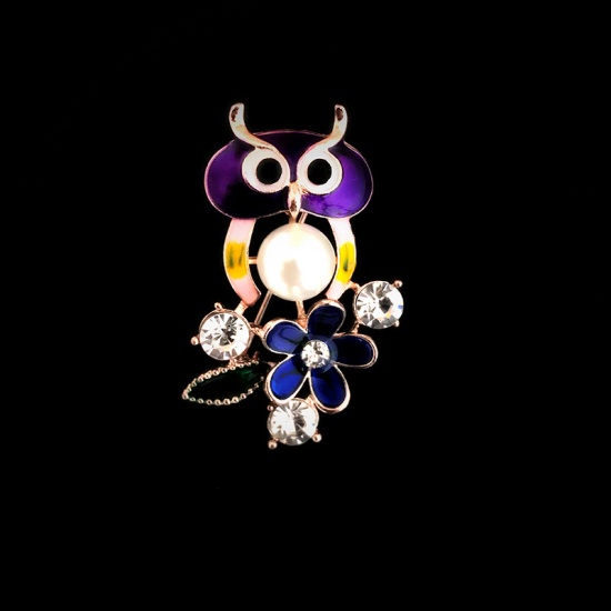 Picture of Pin Brooches Owl Animal Multicolor Imitation Pearl Clear Rhinestone 40mm x 23mm, 1 Piece