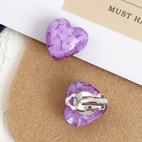 Picture of Resin Ear Clips Earrings Purple Heart Sequins 18mm x 18mm, 1 Pair