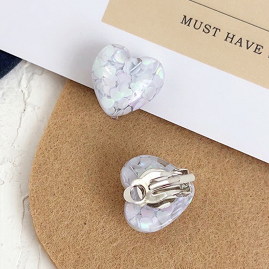 Picture of Resin Ear Clips Earrings White Heart Sequins 18mm x 18mm, 1 Pair
