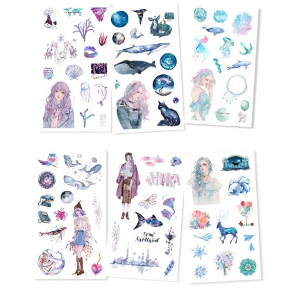 Picture of Paper DIY Scrapbook Deco Stickers Multicolor Girl Marine Animal 16cm x 9cm, 1 Set ( 6 PCs/Set)