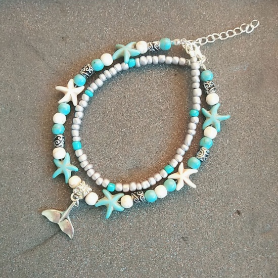 Picture of Ocean Jewelry Multilayer Layered Anklet Silver Tone Blue Fishtail Star Fish Vintage 21cm(8 2/8") long, 1 Piece