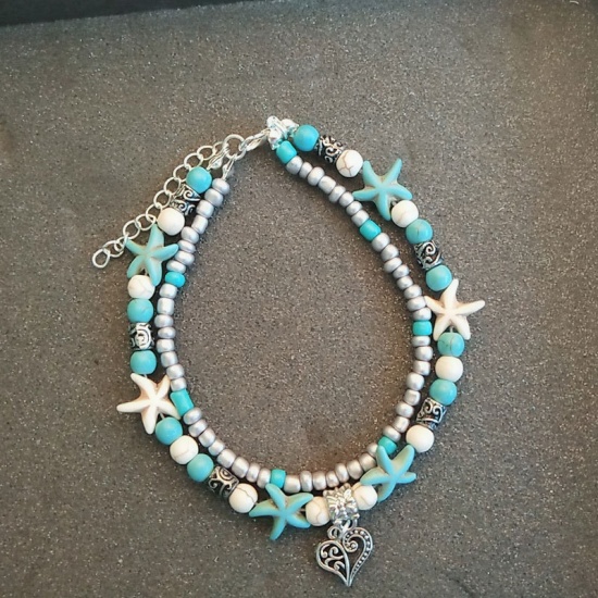 Picture of Ocean Jewelry Multilayer Layered Anklet Silver Tone Blue Heart Star Fish Vintage 21cm(8 2/8") long, 1 Piece