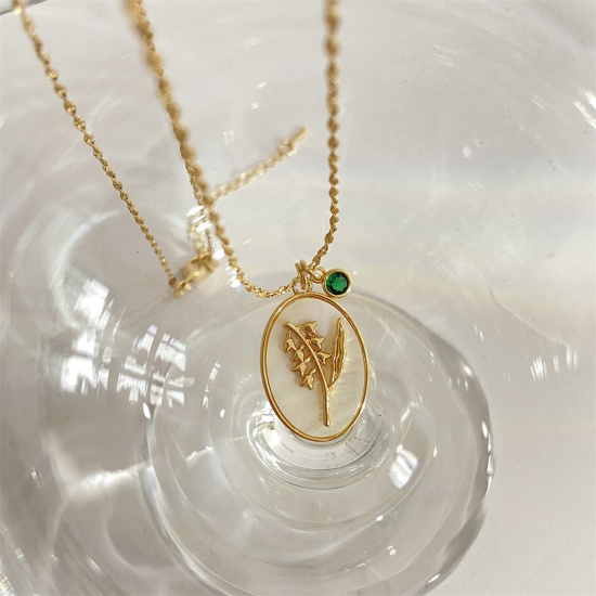 Immagine di Hypoallergenic Dainty Birth Month Flower 14K Gold Plated Green Copper & Rhinestone Braided Rope Chain Lilium Oval Pendant Necklace For Women Birthday 44cm(17 3/8") long, 1 Piece
