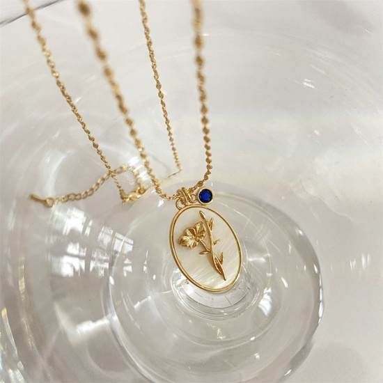 Immagine di Hypoallergenic Dainty Birth Month Flower 14K Gold Plated Royal Blue Copper & Rhinestone Braided Rope Chain Aster Oval Pendant Necklace For Women Birthday 44cm(17 3/8") long, 1 Piece