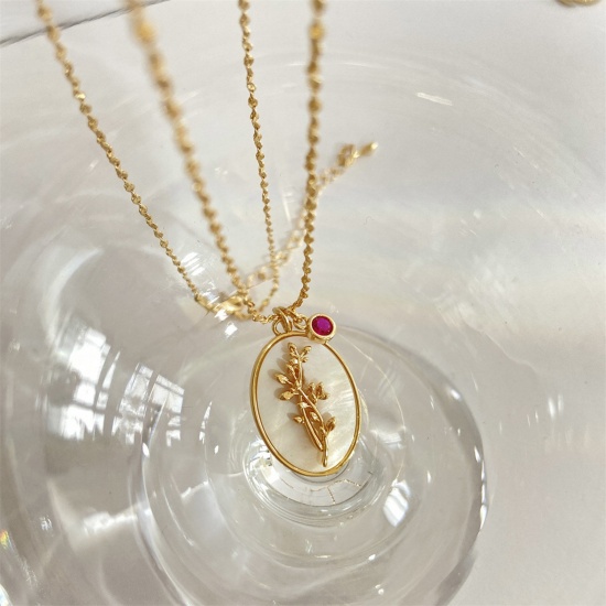 Immagine di Hypoallergenic Dainty Birth Month Flower 14K Gold Plated Fuchsia Copper & Rhinestone Braided Rope Chain Oval Poinsettia Flower Pendant Necklace For Women Birthday 44cm(17 3/8") long, 1 Piece
