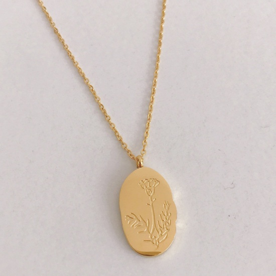 Bild von Hypoallergenic Simple & Casual Birth Month Flower 18K Gold Plated 316 Stainless Steel Link Cable Chain Oval January Message " January " Pendant Necklace For Women Birthday 40cm(15 6/8") long, 1 Piece