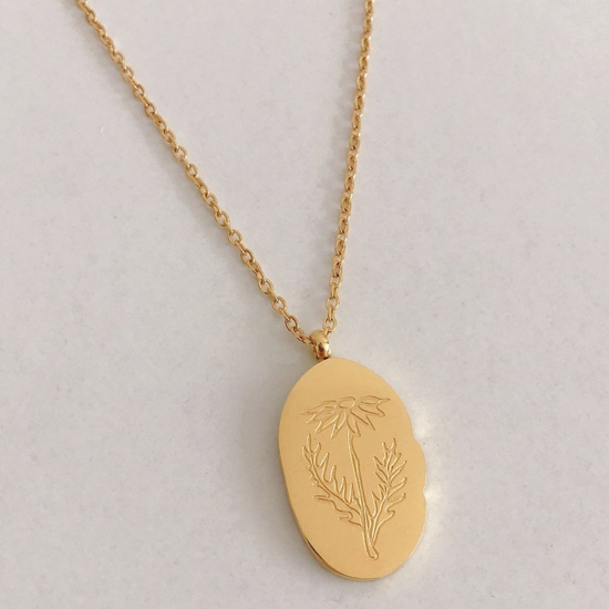 Bild von Hypoallergenic Simple & Casual Birth Month Flower 18K Gold Plated 316 Stainless Steel Link Cable Chain Oval April Message " April " Pendant Necklace For Women Birthday 40cm(15 6/8") long, 1 Piece