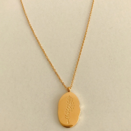 Bild von Hypoallergenic Simple & Casual Birth Month Flower 18K Gold Plated 316 Stainless Steel Link Cable Chain Oval July Message " July " Pendant Necklace For Women Birthday 40cm(15 6/8") long, 1 Piece
