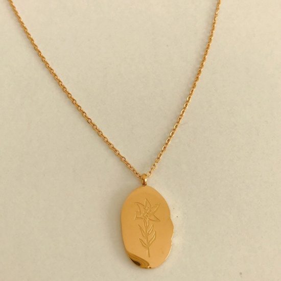 Bild von Hypoallergenic Simple & Casual Birth Month Flower 18K Gold Plated 316 Stainless Steel Link Cable Chain Oval December Message " December " Pendant Necklace For Women Birthday 40cm(15 6/8") long, 1 Piece