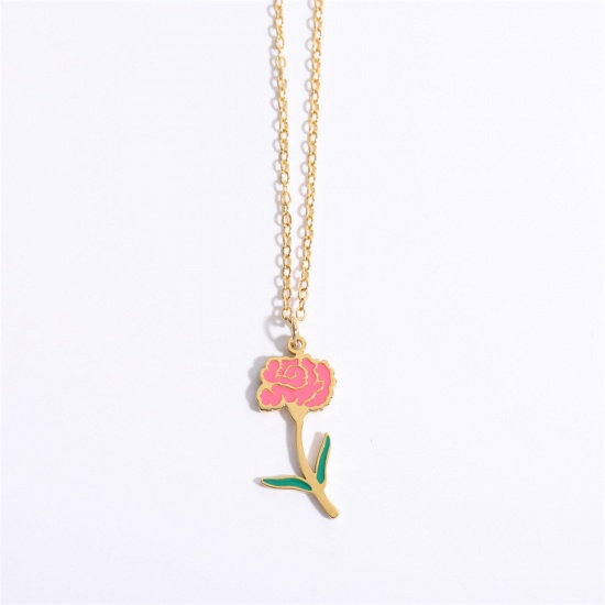 Immagine di Hypoallergenic Sweet & Cute Birth Month Flower 18K Gold Plated Pink 316 Stainless Steel Rolo Chain January Enamel Pendant Necklace For Women Birthday 40cm(15 6/8") long, 1 Piece