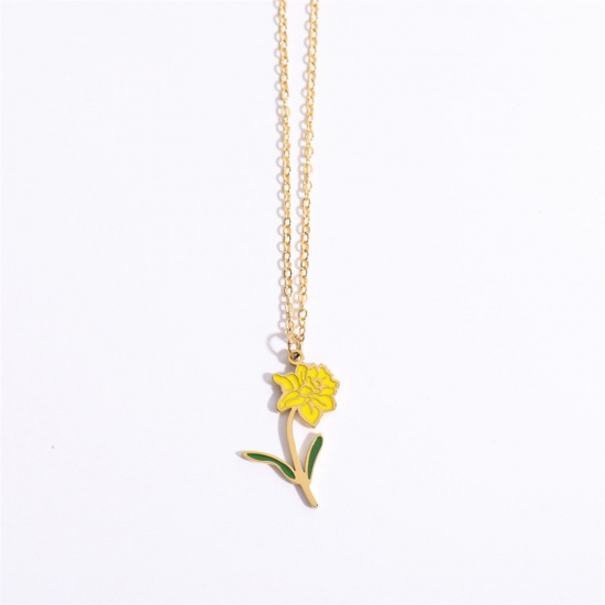 Immagine di Hypoallergenic Sweet & Cute Birth Month Flower 18K Gold Plated Yellow 316 Stainless Steel Rolo Chain March Enamel Pendant Necklace For Women Birthday 40cm(15 6/8") long, 1 Piece