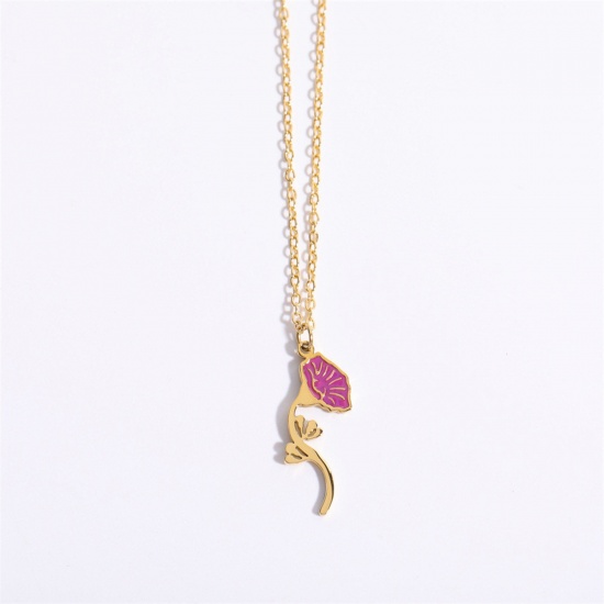 Immagine di Hypoallergenic Sweet & Cute Birth Month Flower 18K Gold Plated Fuchsia 316 Stainless Steel Rolo Chain September Enamel Pendant Necklace For Women Birthday 40cm(15 6/8") long, 1 Piece