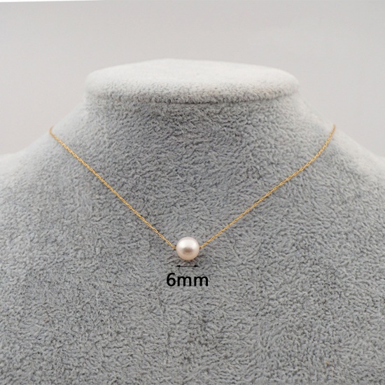 Picture of Eco-friendly Dainty Classic 18K Gold Plated 6mm Freshwater Cultured Pearl Link Cable Chain Round Pendant Necklace For Women 40cm(15 6/8") long, 1 Piece