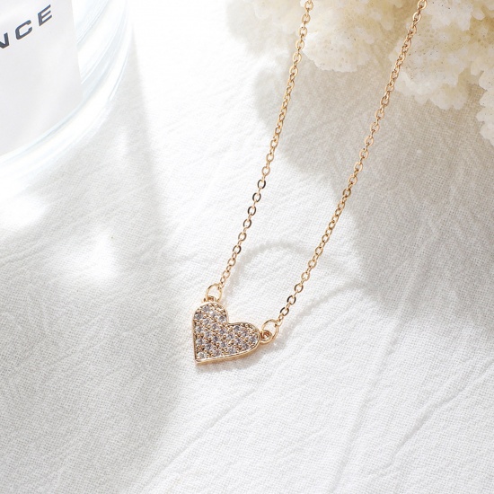 Immagine di Ecologico Dolce & Carino Squisito 18K Oro Placcato Rame & Zircone Cubico Cavo Catena Cuore Collana con Ciondolo Per Donne San Valentino 41cm Lunghezza, 1 Pz