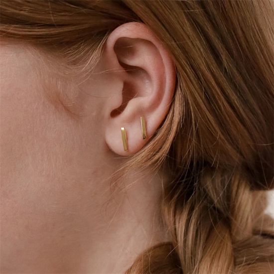 Picture of Eco-friendly Simple & Casual Stylish 14K Gold Plated 316 Stainless Steel Geometric Ear Post Stud Earrings For Women Party 8mm x 2mm, 1 Pair