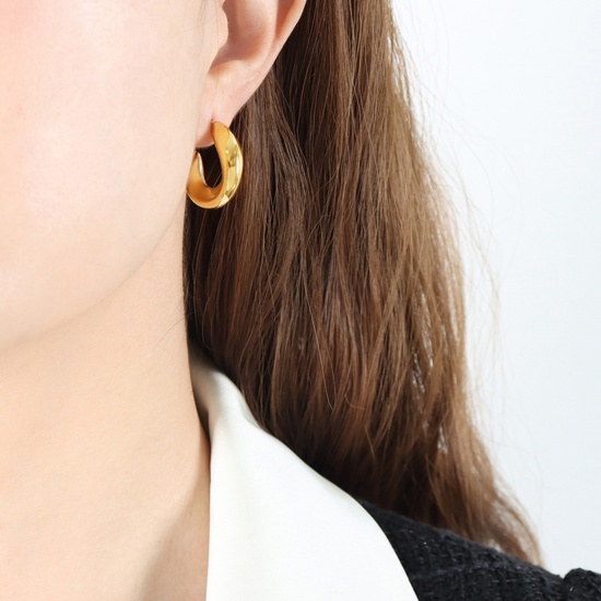 Immagine di Ecologico Semplice & Casual Elegante 18K Oro riempito 304 Acciaio Inossidabile forma di C Onda orecchino cerchio Per Donne 3.2cm x 2.7cm, 1 Paio