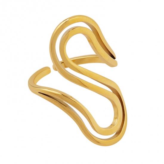 Imagen de Respetuoso del Medio Ambiente Sencillo & Casual Elegante 18K Oro lleno 304 Acero Inoxidable Abierto Ajustable En forma de S Raya Anillos Unisexo 2.9cm x 1.7cm, 1 Unidad