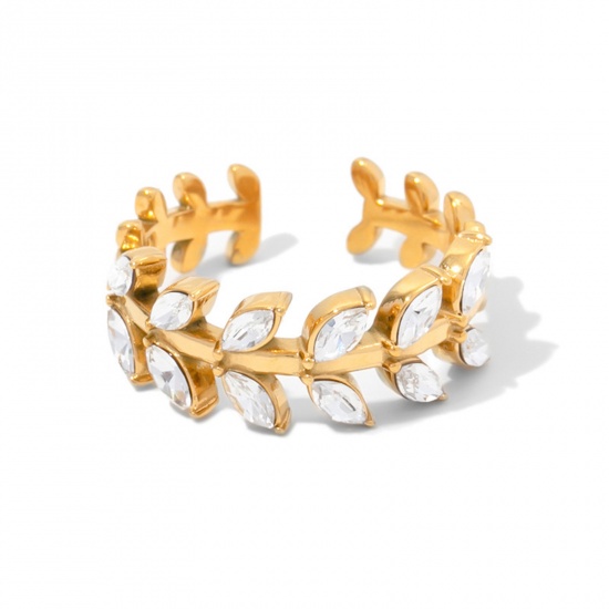 Picture of Eco-friendly Simple & Casual Exquisite 18K Real Gold Plated 304 Stainless Steel & Cubic Zirconia Open Adjustable Leaf Rings For Women Anniversary 17mm(US Size 6.5), 1 Piece