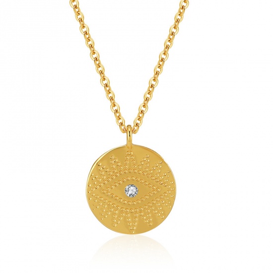 Picture of Eco-friendly Retro Stylish 18K Real Gold Plated Copper & Cubic Zirconia Link Cable Chain Round Eye Pendant Necklace Unisex 37cm(14 5/8") long, 1 Piece