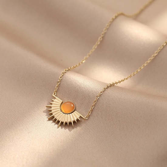 Picture of Eco-friendly Stylish Galaxy 14K Real Gold Plated Orange 304 Stainless Steel Link Cable Chain Half Round Sun Pendant Necklace For Women 40cm(15 6/8") long, 1 Piece