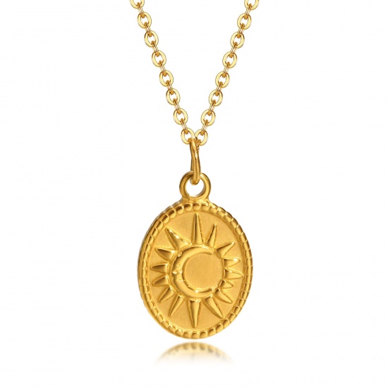 Immagine di Ecologico Retrò Elegante 18K Oro riempito 304 Acciaio Inossidabile Rollo Catena Ovale Sole Collana con Ciondolo Per Donne 40cm Lunghezza, 1 Pz
