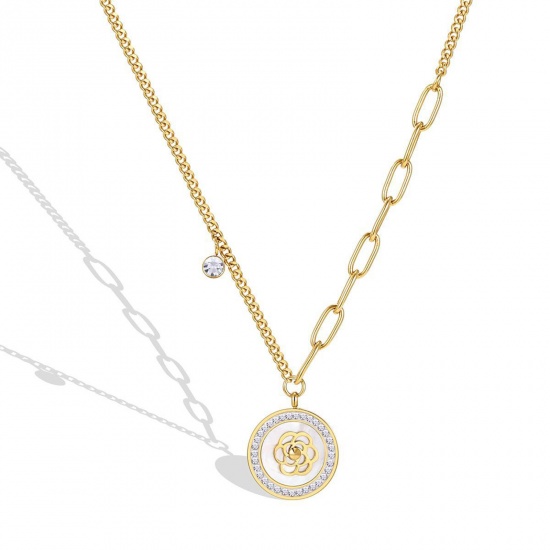 Picture of Eco-friendly Exquisite Stylish 18K Real Gold Plated 304 Stainless Steel & Cubic Zirconia Link Chain Round Flower Splicing Pendant Necklace For Women 41cm(16 1/8") long, 1 Piece