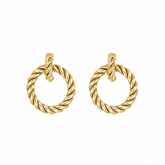 Immagine di Ecologico Retrò Elegante 14k Vero Oro Placcato 304 Acciaio Inossidabile Intrecciato orecchino cerchio Per Donne 3cm x 2.4cm, 1 Paio