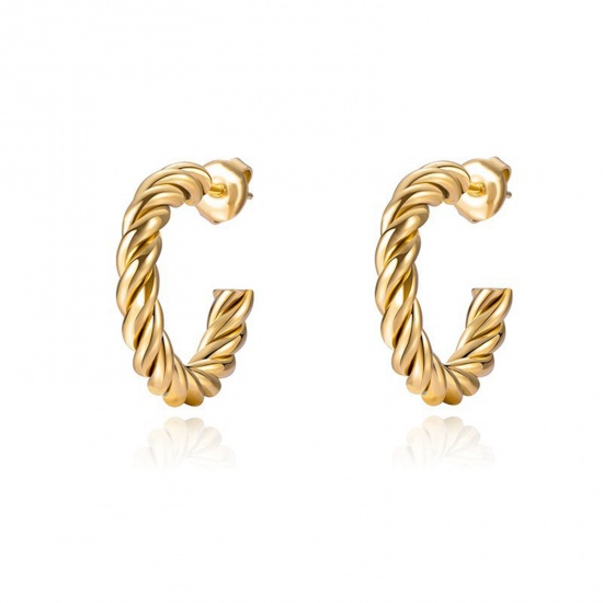 Immagine di Ecologico Retrò Elegante 14k Vero Oro Placcato 304 Acciaio Inossidabile Intrecciato orecchino cerchio Per Donne 22mm x 20mm, 1 Paio