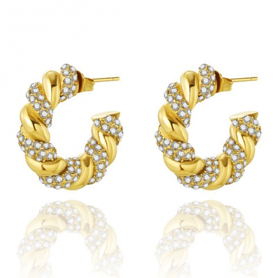 Immagine di Ecologico Retrò Elegante 14k Vero Oro Placcato 304 Acciaio Inossidabile & Zircone Cubico Intrecciato orecchino cerchio Per Donne 24mm x 24mm, 1 Paio