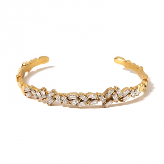 Picture of Eco-friendly Exquisite Stylish 18K Real Gold Plated 304 Stainless Steel & Cubic Zirconia Open Cuff Bangles Bracelets For Women 1 Piece