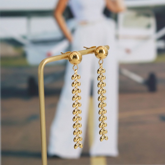 Picture of Eco-friendly Natural Pastoral Stylish 18K Real Gold Plated 304 Stainless Steel Leaf Tassel Earrings For Women 4.5cm x 1 Pair