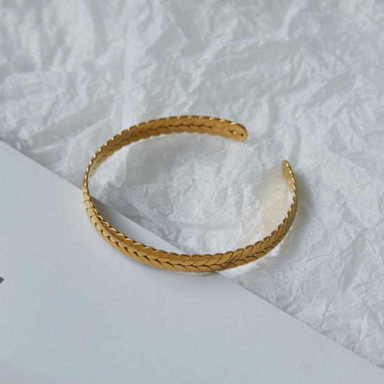 Picture of Eco-friendly Natural Pastoral Stylish 18K Real Gold Plated 304 Stainless Steel Ear Of Wheat Open Cuff Bangles Bracelets For Women 1 Piece