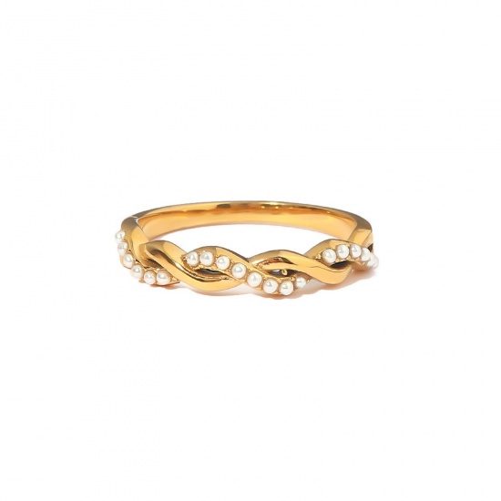 Bild von Umweltfreundlich Elegant Stilvoll 18K Vergoldet 304 Edelstahl & Naturperle Uneinstellbar Geflochten Ring Für Frauen 16.5mm（US Größe:6), 1 Stück