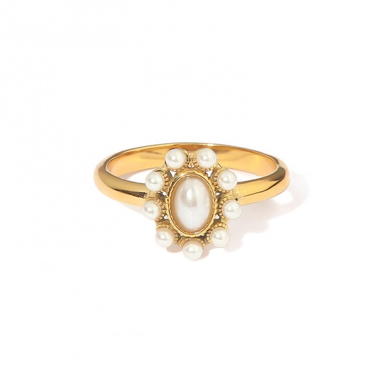 Immagine di Ecologico Elegante Elegante 18K Oro riempito Acciaio Inossidabile 304 & Perla Naturale Non Regolabile Ovale Anello Per Donne 17.3mm (taglia di US: 7), 1 Pz