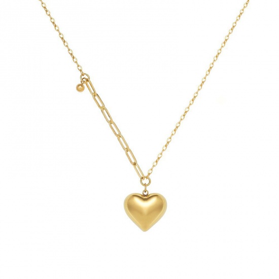 Immagine di Ecologico Elegante 18K Oro riempito 304 Acciaio Inossidabile Cavo Catena Cuore Impiombatura Collana con Ciondolo 42cm Lunghezza, 1 Pz